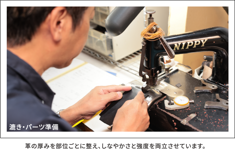 漉き・パーツ準備 革の厚みを部位ごとに整え、しなやかさと強度を両立させています。