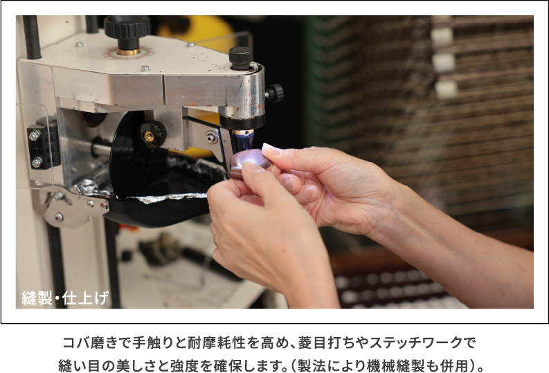 縫製・仕上げ コバ磨きで手触りと耐摩耗性を高め、菱目打ちやステッチワークで 縫い目の美しさと強度を確保します。（製法により機械縫製も併用）。